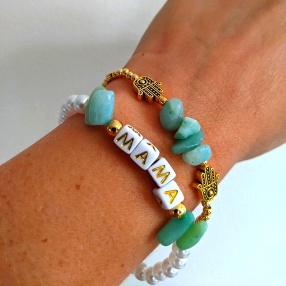 2 stone, gold plated beads, pearl & lettered bracelet stackable - Picture 4 of 11